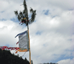 屋根に飾られた旗と松 Sacred pine and buddhist flags